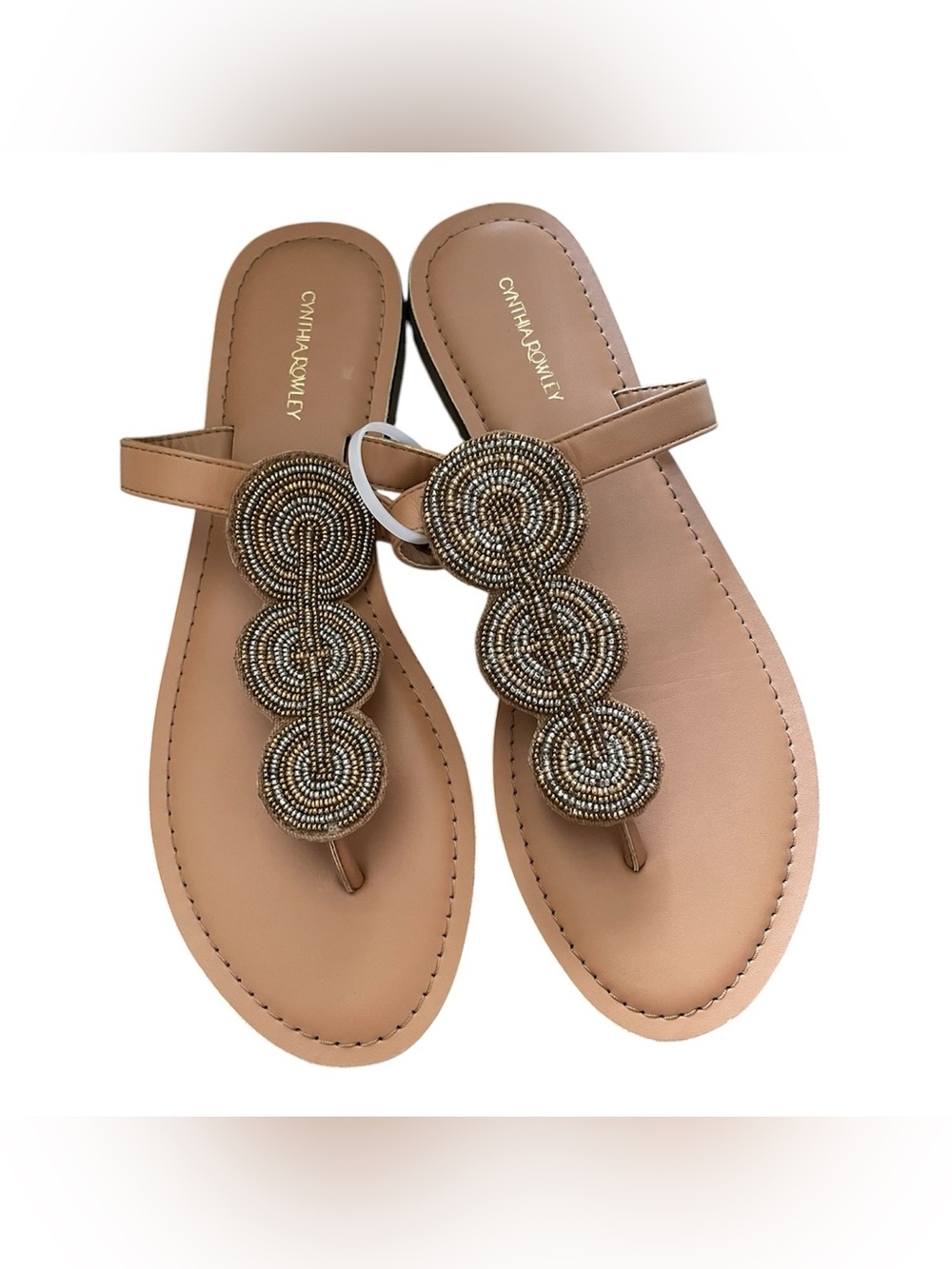 Cynthia Rowley Tan Beaded Circle T-Strap Sandals